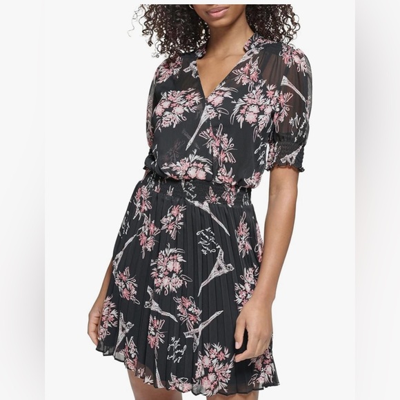 Karl Lagerfeld Black and Pink Floral Mini Dress - Picture 1 of 6
